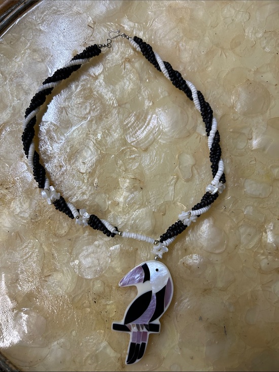Jewelry - Beachy fun Black & White Beaded Necklace with Toucan Pendant